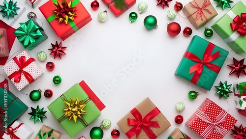 Felicitación de navidad con fondo blanco lleno de regalos, lazos y adornos navideños