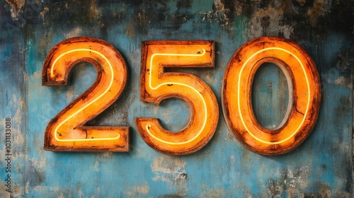 Illuminated Vintage Orange Neon Lights Forming Number 250 on a Textured Grunge Wall Background