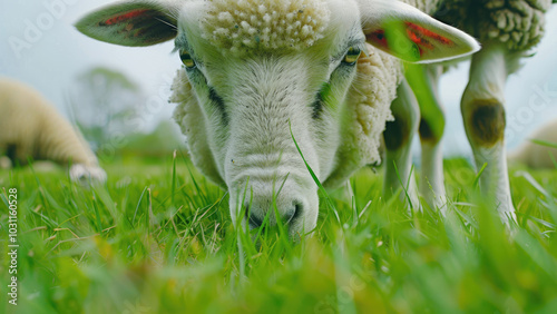 Sheep grazing on a green field with a woolly coat