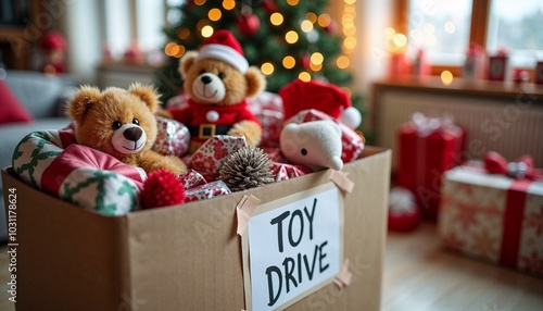 Festively decorated cardboard box filled with teddy bears and toys for a holiday toy drive