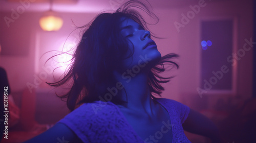 Close-up film still of an exhausted young woman with messy hair