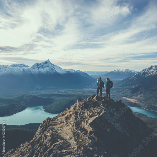 Hikers on a mountain peak enjoying panoramic scenic views