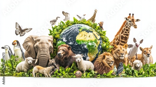 A diverse group of animals surround a globe, symbolizing the interconnectedness of all living things.