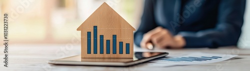 A miniature house model rests on a digital tablet displaying bar graphs, symbolizing real estate analysis and market trends.