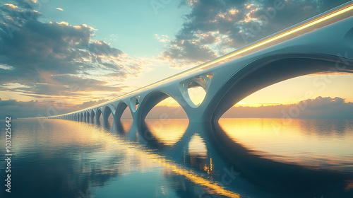 A futuristic bridge with sleek, curvilinear architecture, reflecting the sky at sunset