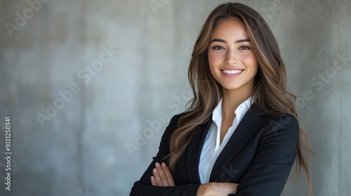 A portrait of an attractive young business woman with long hair smiling, wearing black suit and white shirt standing in front view on the solid background