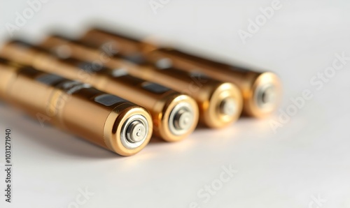 Several AA batteries in perspective on a white background, closeup