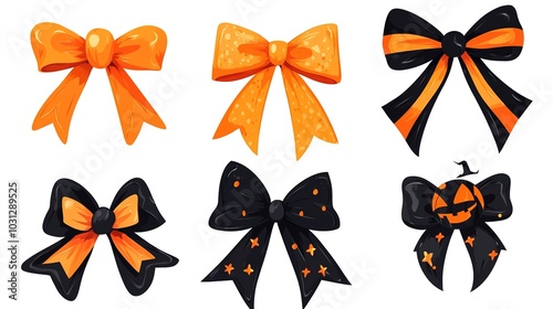 A cute and coquettish Halloween bow vector clip-art set, isolated on a white background. This charming collection features playful and flirty bows, perfect for adding a touch of whimsy 