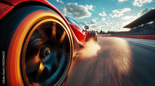 Dynamic close-up of a racing car tire on a track, showcasing speed and motion.