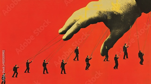 ** Conceptual Image of Giant Hand Controlling Businessmen with Strings on Bold Red Background..**