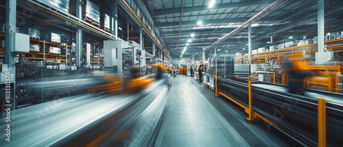 Very realistic and photographic photo of a modern, sleek warehouse with blurred workers and automation machinery in constant motion The long exposure technique emphasizes the dynamic flow and