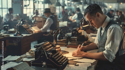 Office worker diligently types articles at a vintage desk in a bustling newsroom of the early 20th century