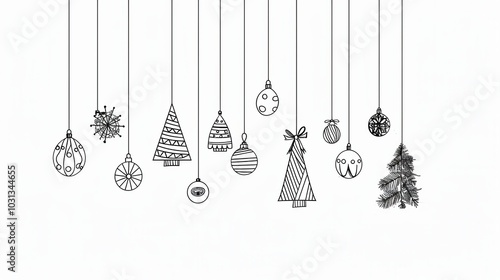 Minimalistic line art of festive Christmas tree decorations hanging in a joyful display for the holiday season