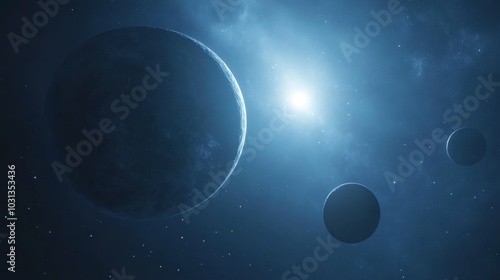 A new planetary system with glowing planets orbiting a massive blue star in deep space