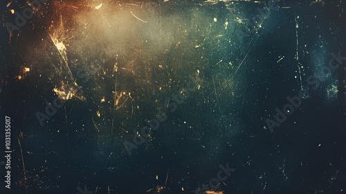 A dark blue background with a distressed, aged texture and scattered gold specks and scratches.