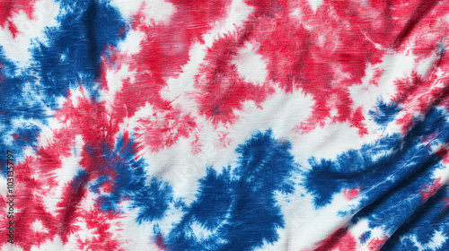 Vibrant tie dye pattern featuring bold red and blue colors on white background, creating dynamic and energetic visual effect. Perfect for various creative projects