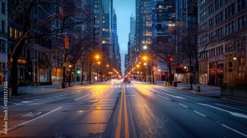 A city street at night with a few cars on it. The street is empty and the lights are on