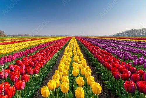 A vibrant tulip field showcasing rows upon rows of colorful tulips in red, yellow, and purple, stretching endlessly under a clear blue sky