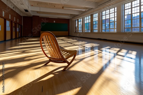 Wooden chair casting a long shadow, in an otherwise empty classroom