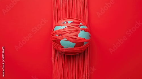 Conceptual image of a globe or world sphere suspended in a web of red tape symbolizing the complexity and challenges of trade barriers bureaucratic entanglement