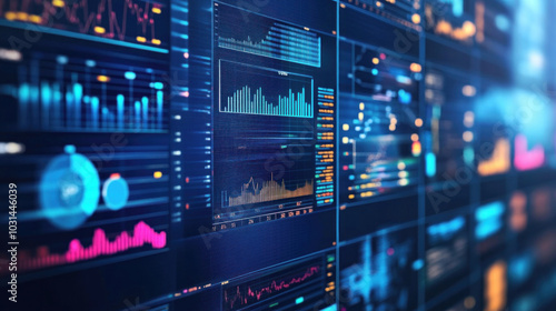 Computer screen displaying colorful graphs, data visualizations, and key performance indicators.