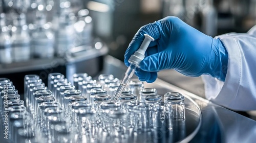 Scientist in white lab coat and blue gloves holding vial with dropper in laboratory setting, surrounded by glass vials.