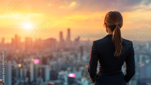 Businesswoman in a Suit Silhouetted Against a City Skyline at Sunset, Representing Success and Ambition