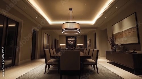 Dining room with a recessed ceiling design, subtly lit with LED strips. A large chandelier takes center stage, surrounded by sleek furniture in a warm, inviting setting.