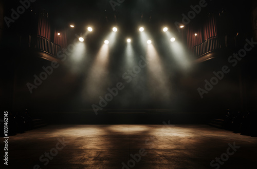 Theatrical Stage with Dim Lighting and Bright Spotlights, Setting the Scene for Mystery