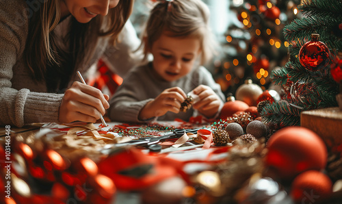 A warm corner filled with arts and crafts supplies for making Christmas ornaments, with a parent and child crafting joyfully