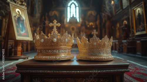 Ornate Golden Wedding Crowns in an Orthodox Church Interior