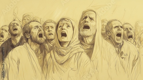 Powerful Depiction of the People of Israel Gathered in the Temple Crying Out in and Seeking Mercy Their Faces Filled with Fear and Hope