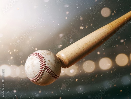 Baseball bat hitting a ball, action shot with blurred background