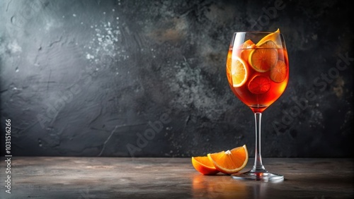 A refreshing Aperol spritz cocktail garnished with orange slice, served on a dark background, Aperol spritz, cocktail