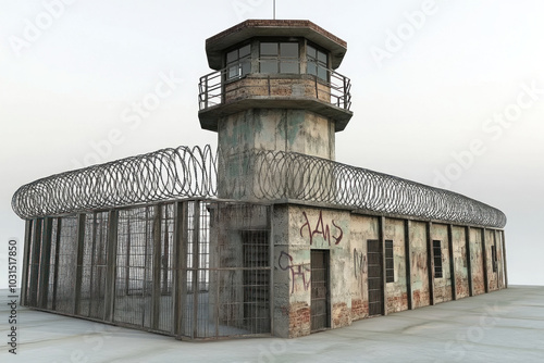 A group of prisoners in orange jumpsuits working out in the prison yard under the watchful eye of a guard.