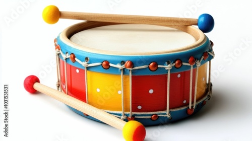 Colorful Wooden Baby Drum With Soft Mallets Playful Musical Toy Isolated on White Background Vibrant red yellow and blue drum with wooden mallets