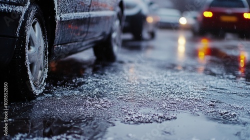 Sleet covering cars and roads in a thin layer of ice, causing slippery conditions as freezing rain continues to fall