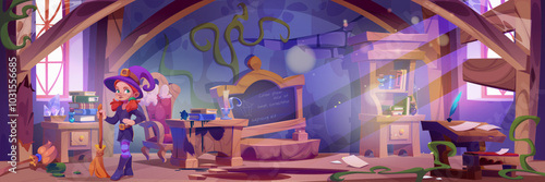 Cartoon upset and frustrated little girl witch in hat with broomstick standing in abandoned broken wizard school classroom with damaged and overgrown with plant veins furniture and equipment.