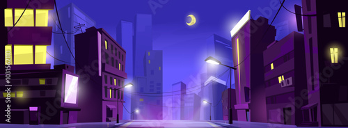 Night city road front view. Town building on street illustration. Urban cityscape with moon, skyscraper and asphalt path in dark time. Empty residential downtown district horizontal panorama design