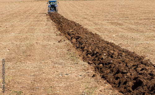 The first line by a tractor to pilow a crop field to prepare seeding winter wheat in autumn 