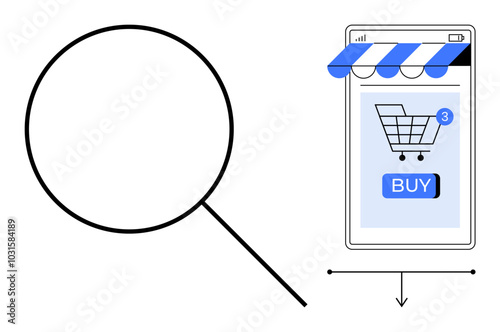 Large magnifying glass and smartphone screen with a shopping cart and buy button. Ideal for e-commerce, online shopping, digital marketing, mobile app development, user experience design. Minimalist