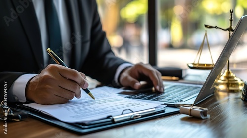 Close-up of an intellectual property lawyer drafting copyright documents, laptop open with legal forms on the screen