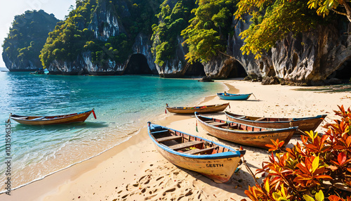 Bateaux de pêche sur une plage tropicale