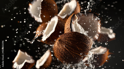 Coconut water is poured out of a bunch of broken coconuts. Close-up of coconuts in dew drops. A natural delicious organic product. An exotic snack