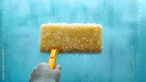 Closeup of a hand using a squeegee to wipe away water droplets from a freshly cleaned glass shower panel maintaining a spotless crystal clear surface