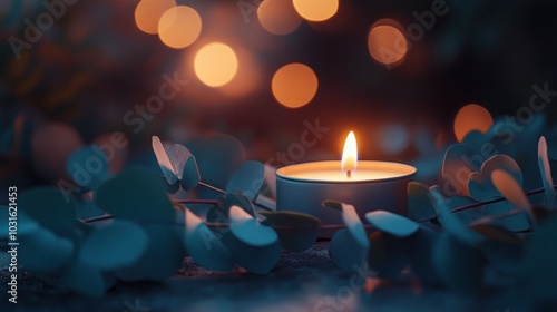 A single candle flame flickers in the darkness, surrounded by eucalyptus leaves, casting a warm glow against a backdrop of soft, out-of-focus lights.