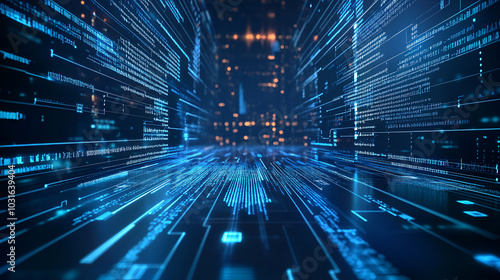 Illustration of code compiling like the Matrix background from top down, blue colored lines, dark background.