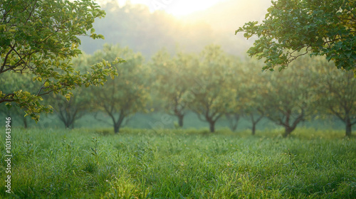 Serene landscape with trees and green grass under soft morning light.