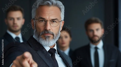 A senior executive with employees mimicking his behavior while criticizing a colleague in the background, demonstrating blind loyalty, serious expressions, highly realistic office setting, Ultra-Reali