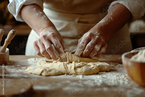 Close Up of Hands Rolling Dough in Kitchen